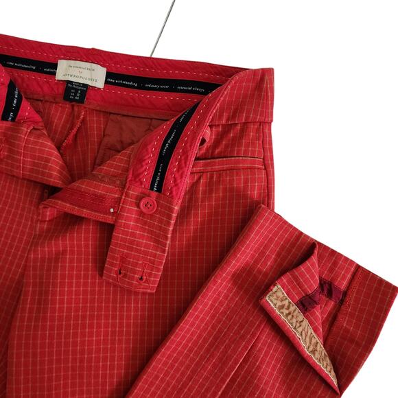 Anthropologie Womens The Essential Slim Trousers Size 8 Red Rouge Windowpane - Picture 7 of 14